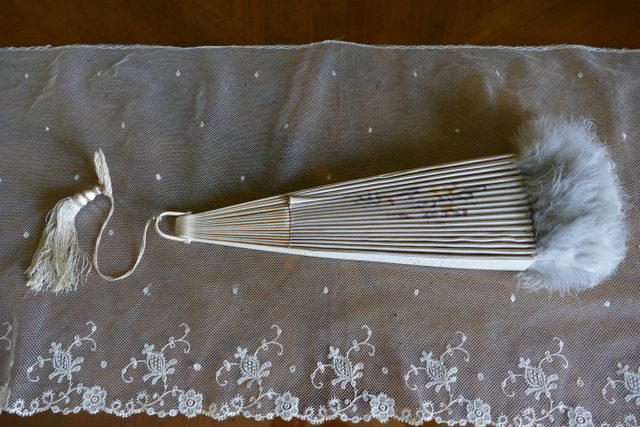 12 antique silk Bone feather Fan 1900