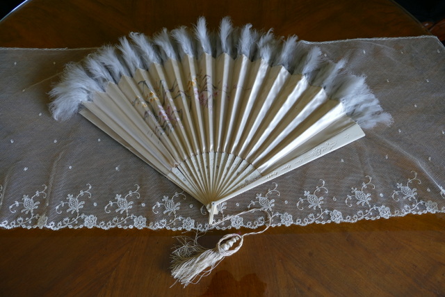 2 antique silk Bone feather Fan 1900