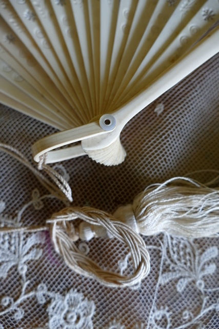 7 antique silk Bone feather Fan 1900