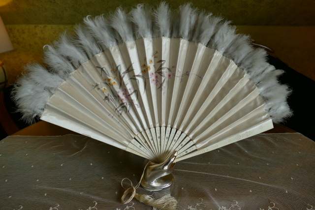 antique silk Bone feather Fan 1900