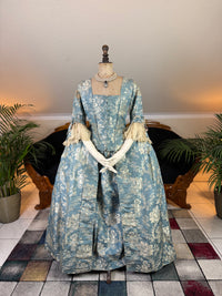 1770 blue silk damask Robe à la Française with Watteau pleats and lace engageantes, antique Rococo gown