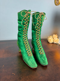 Victorian green silk lace‑up boots, c.1875, with brass fasteners, red leather lining and vivid aniline‑dyed colour