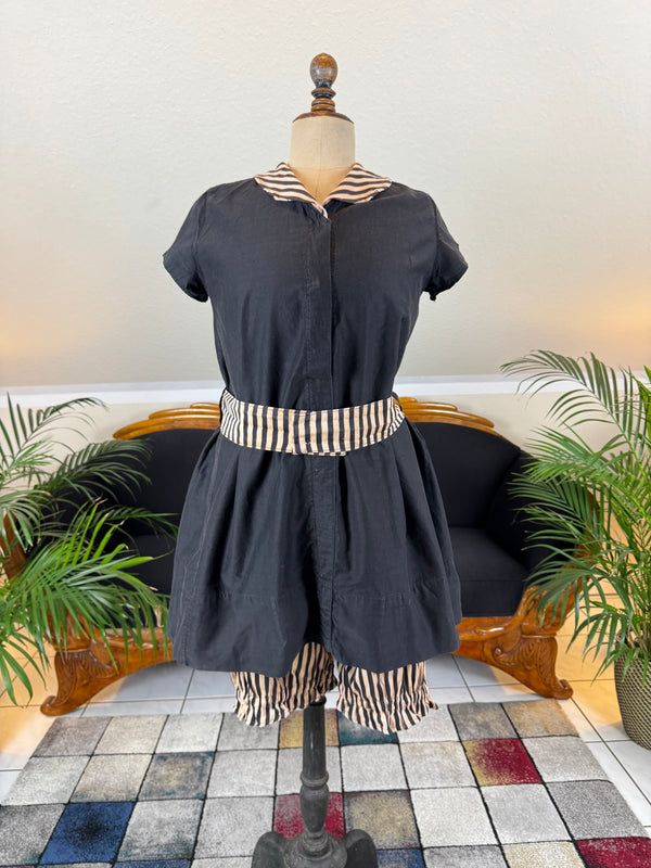 Antique 1910 bathing suit with striped cotton fabric and buttoned shorts