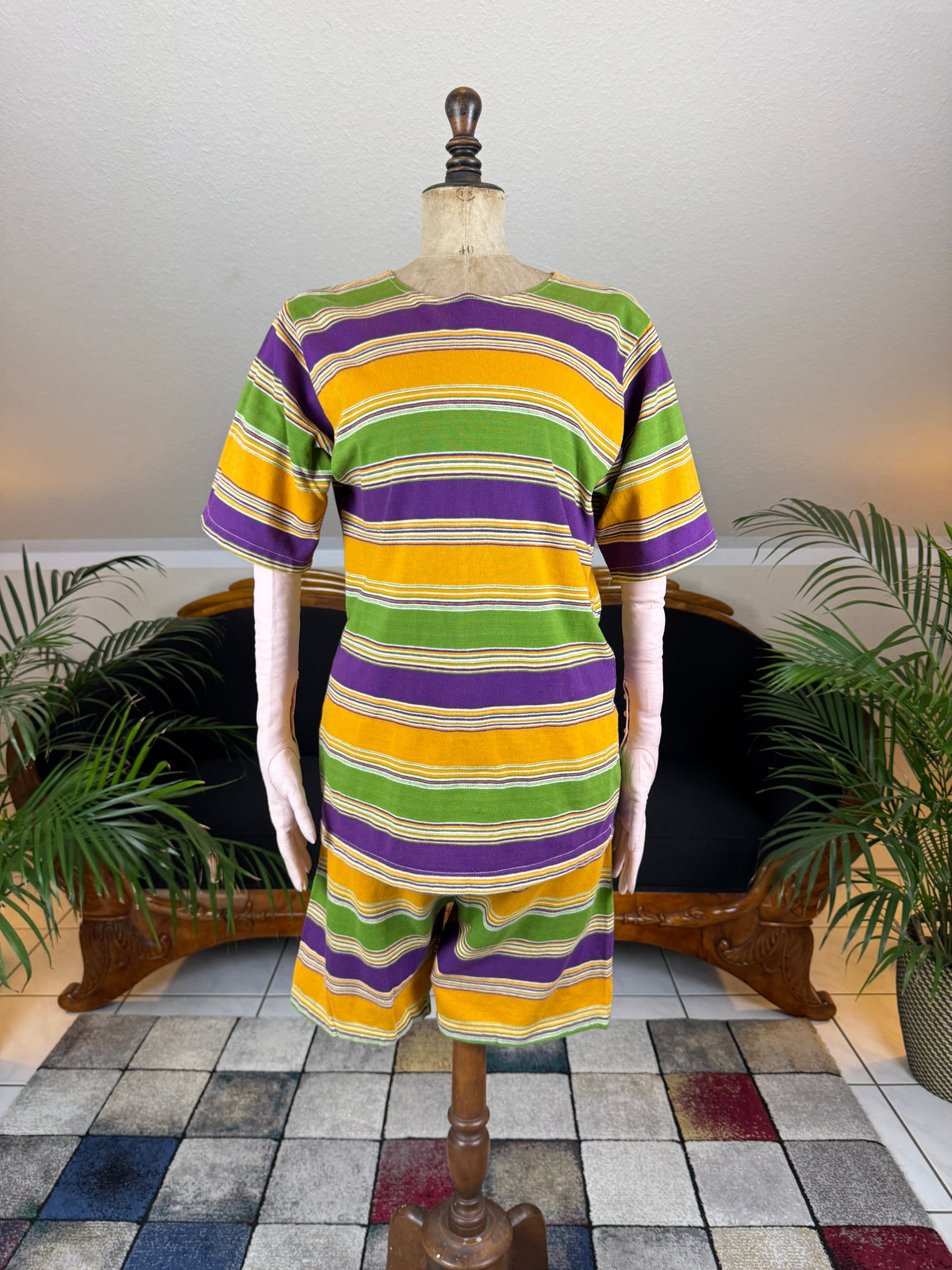 1926 striped cotton knit bathing suit set, top and shorts
