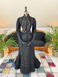 Black silk Edwardian day dress ca. 1904 with lace overlay
