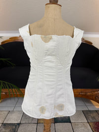 Antique corded cotton corset ca. 1825–1830 with shaped bust, bone eyelets and handwritten owner’s name, early 19th‑century Regency corsetry