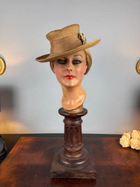 Antique 1903 fine‑woven French straw hat with silk band, fabric flowers, dark pearls, silk lining, well preserved