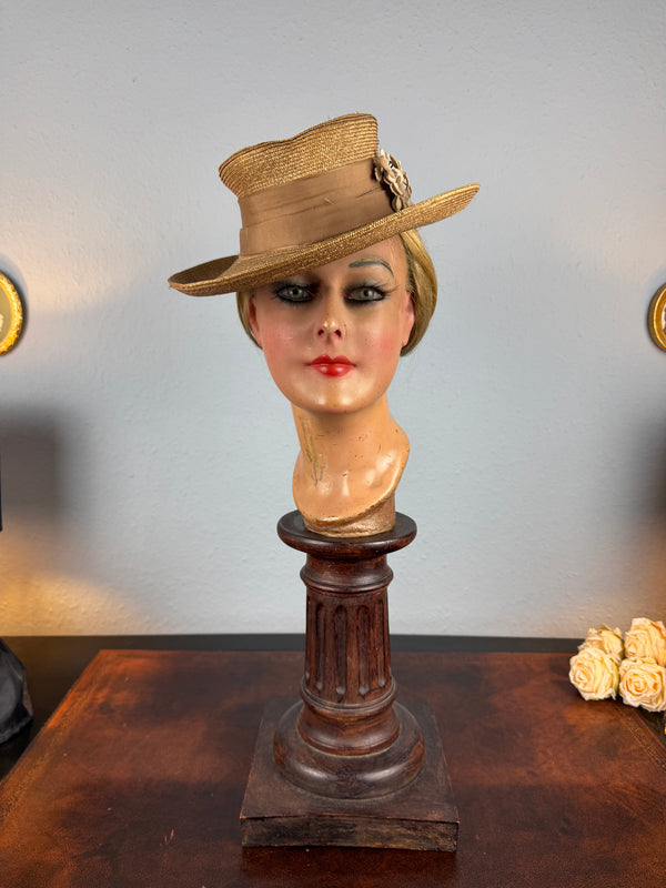 Antique 1903 fine‑woven French straw hat with silk band, fabric flowers, dark pearls, silk lining, well preserved