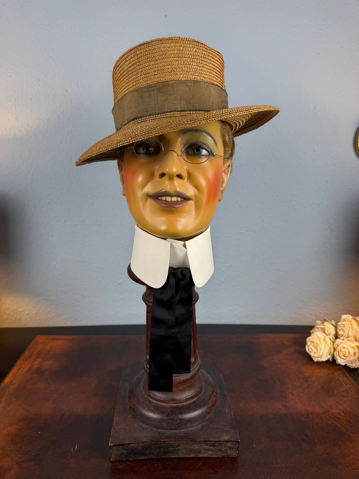 Antique 1905 French men’s straw hat with Rousseu & ses Fils label, velvet band, lined interior, handwritten owner’s tag, well preserved.”