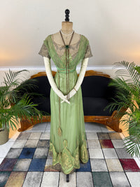 Edwardian green evening gown by Albert Franck, Frankfurt court dressmaker; Art Nouveau tulle and metallic lace design representing Frankfurt fashion history
