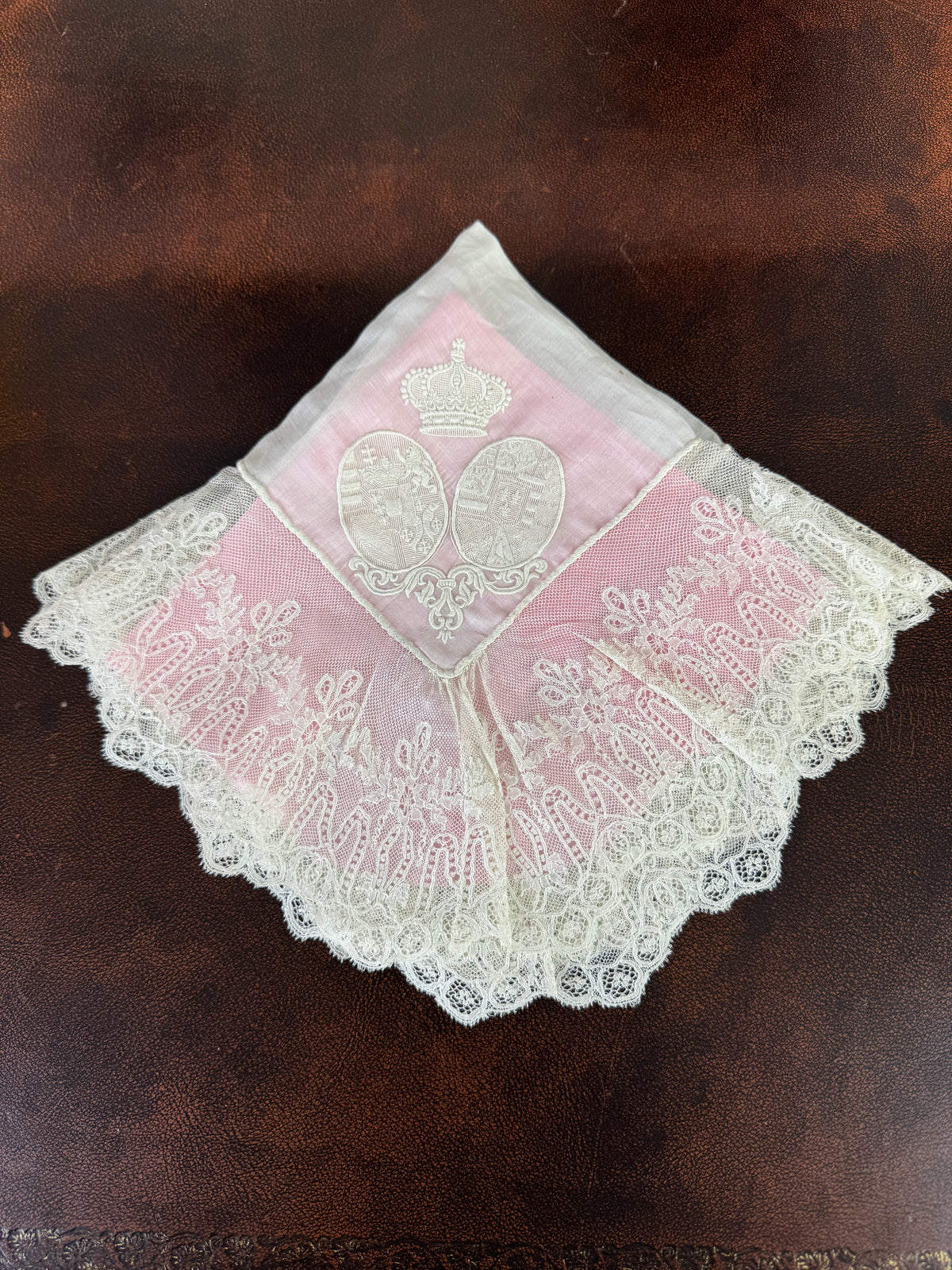 Royal antique lace handkerchief ca.1861 – Austria‑Tuscany and Bourbon‑Sicily coats of arms in fine lace