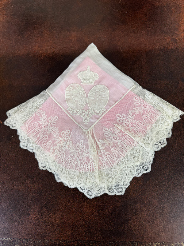 Royal antique lace handkerchief ca.1861 – Austria‑Tuscany and Bourbon‑Sicily coats of arms in fine lace
