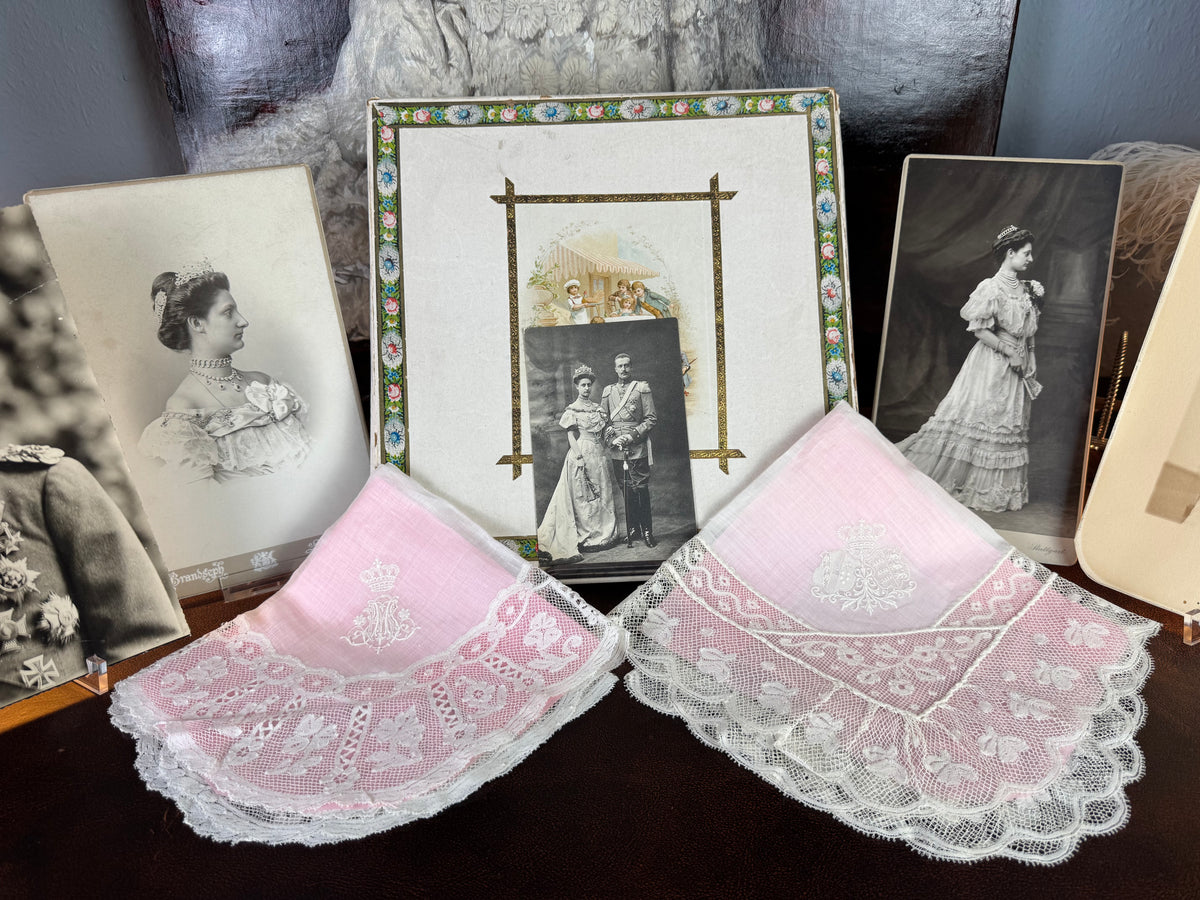 Royal antique lace handkerchiefs c.1900 – Tuscany–Württemberg double coat of arms from the wedding trousseau of Archduchess Maria Immakulata