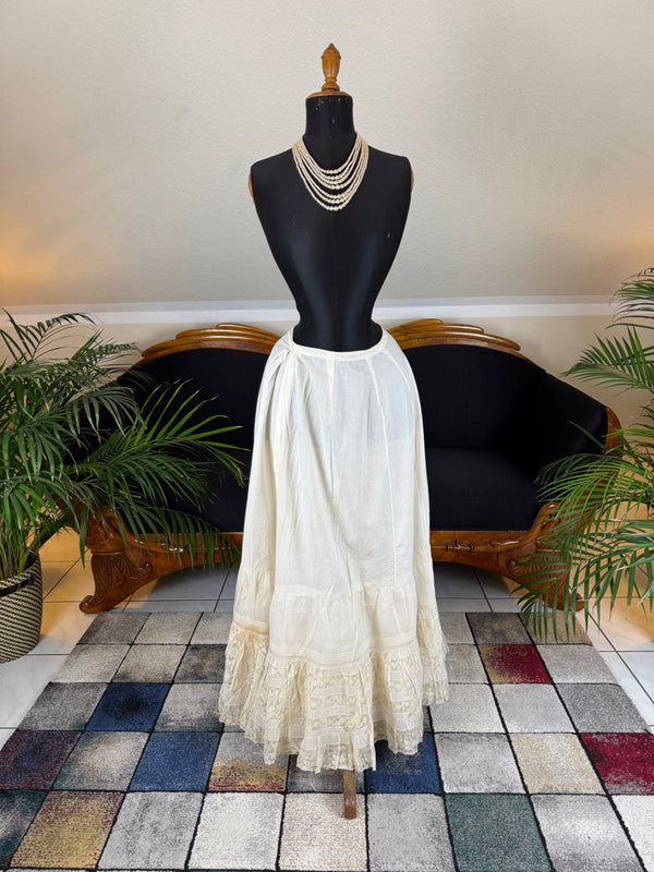 Antique Edwardian petticoat from Lady Gillman wedding trousseau circa 1911 with whitework embroidery, lace inserts and layered skirt construction