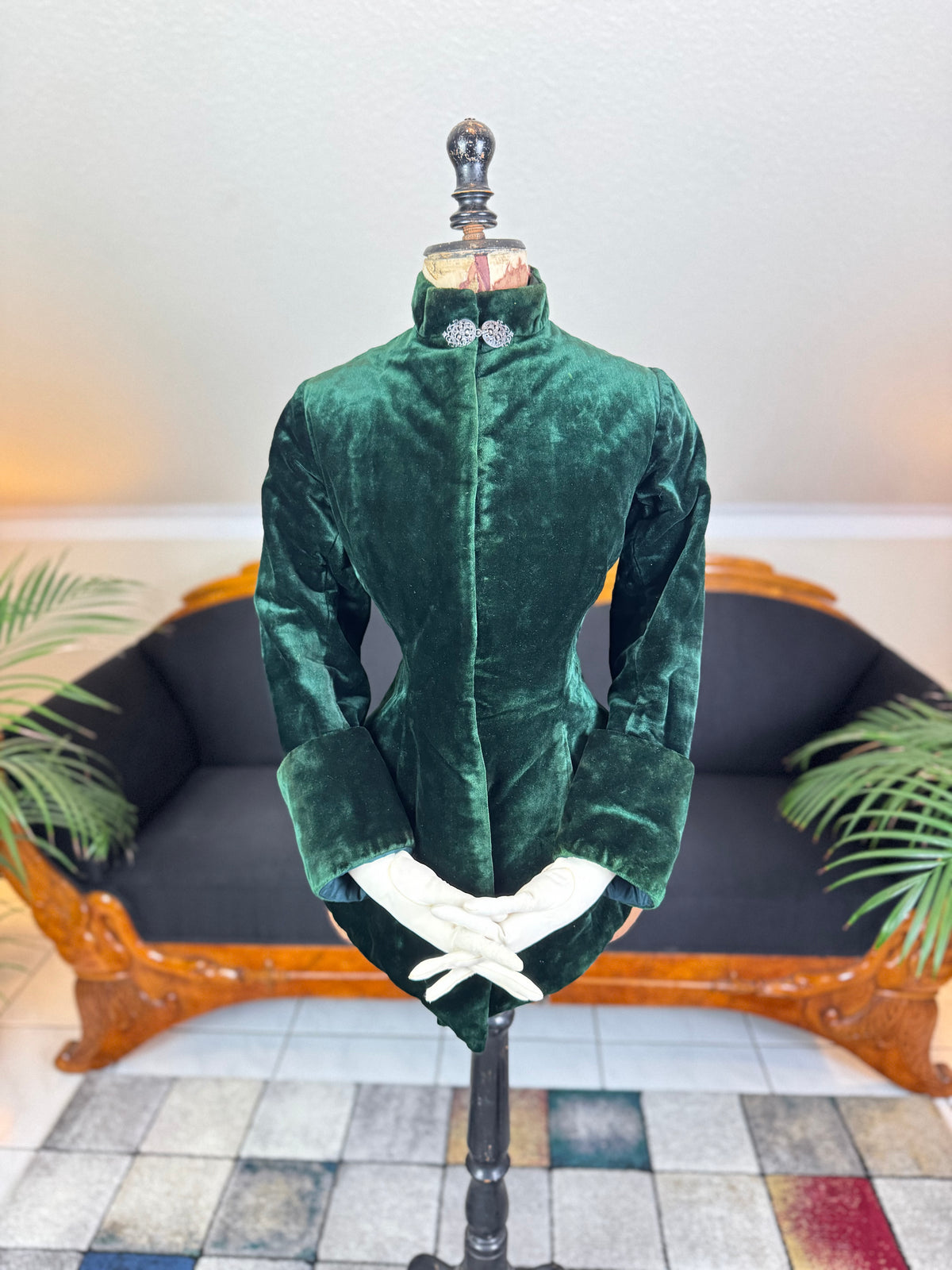 Rare Victorian Riding Jacket, ca. 1878 - Green Velvet, Quilted Silk Lining, Historic Equestrian Fashion