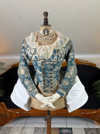 1750 Rococo blue‑white floral silk caraco jacket in riding style, antique 18th‑century gown