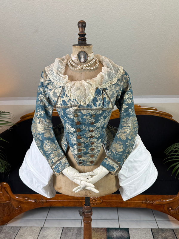 1750 Rococo blue‑white floral silk caraco jacket in riding style, antique 18th‑century gown