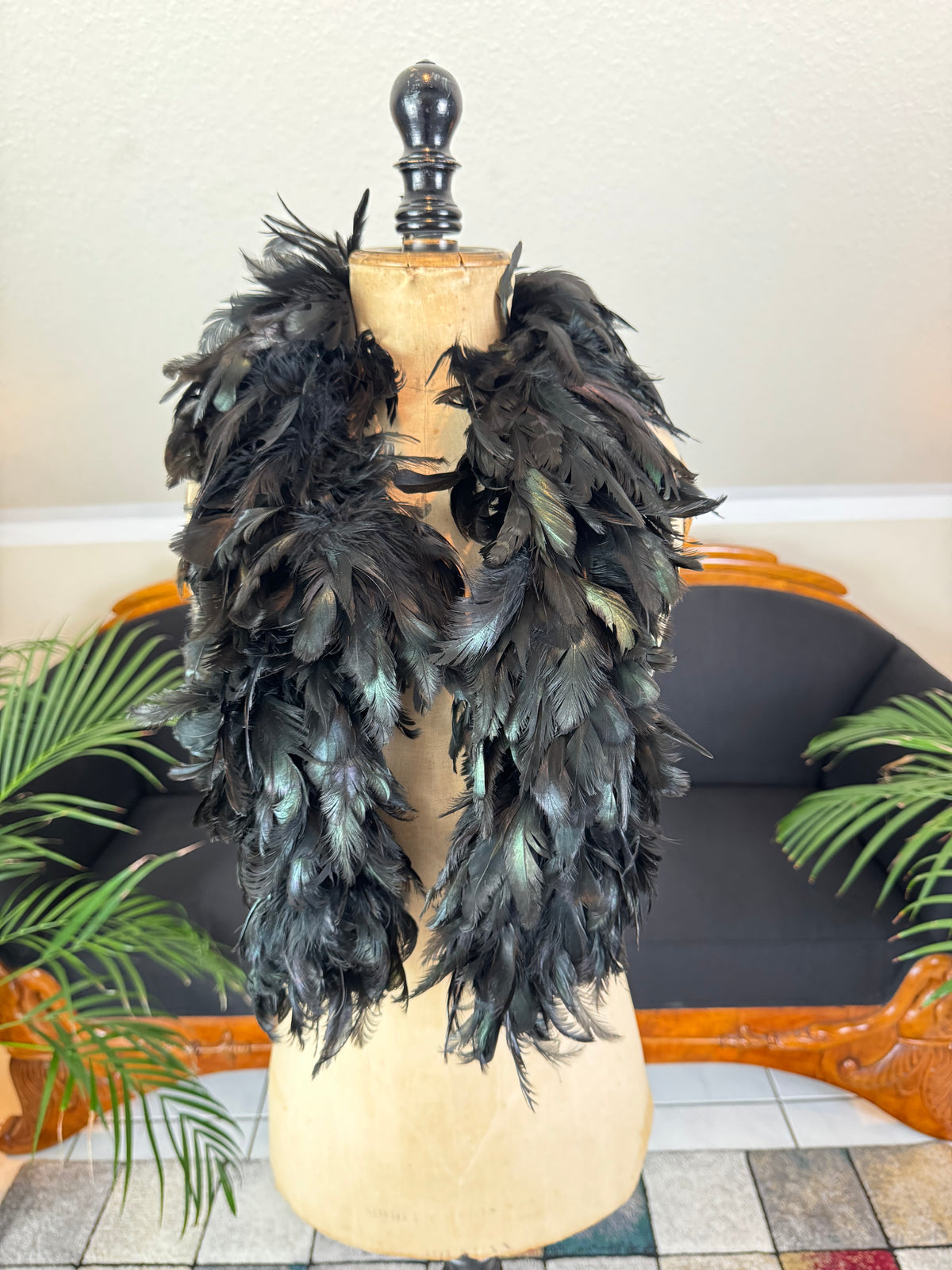 Antique black rooster feather boa, England ca. 1928, rare 1920s accessory