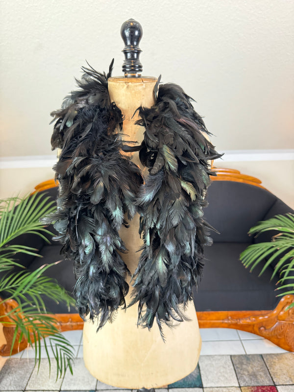 Antique black rooster feather boa, England ca. 1928, rare 1920s accessory