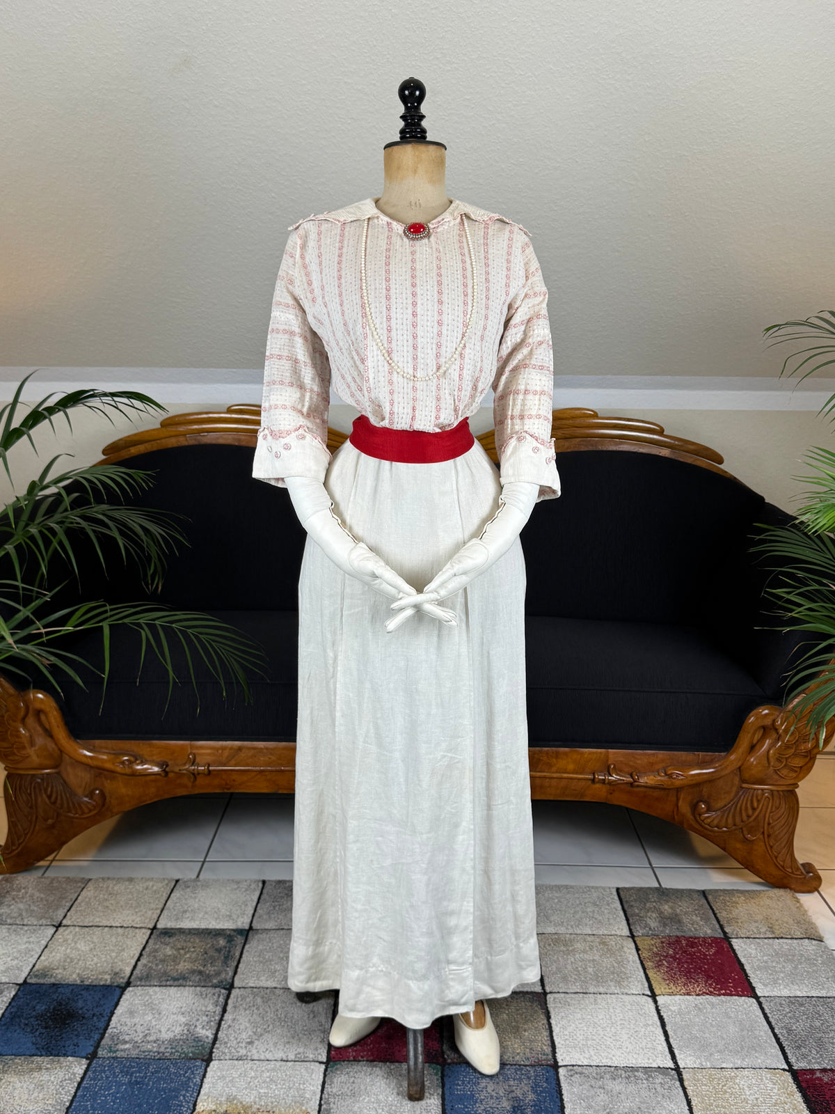 Natural Fiber Daywear Set — Linen skirt, red‑pattern cotton blouse with sailor collar, white leather shoes, red belt.