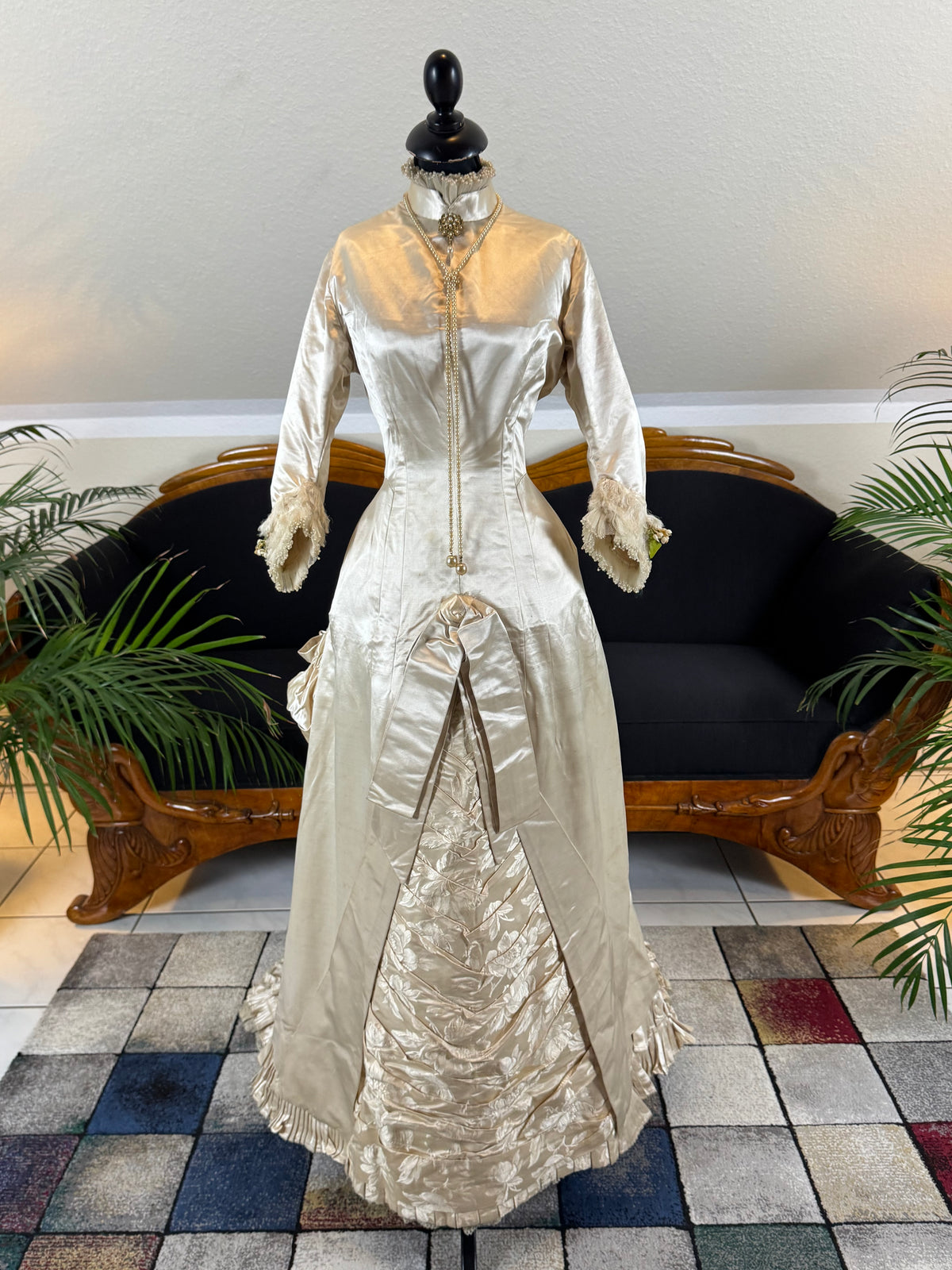 Antique 1882 cream satin silk wedding dress with pleated trims, lace, faux pearls and Kate Rimer provenance