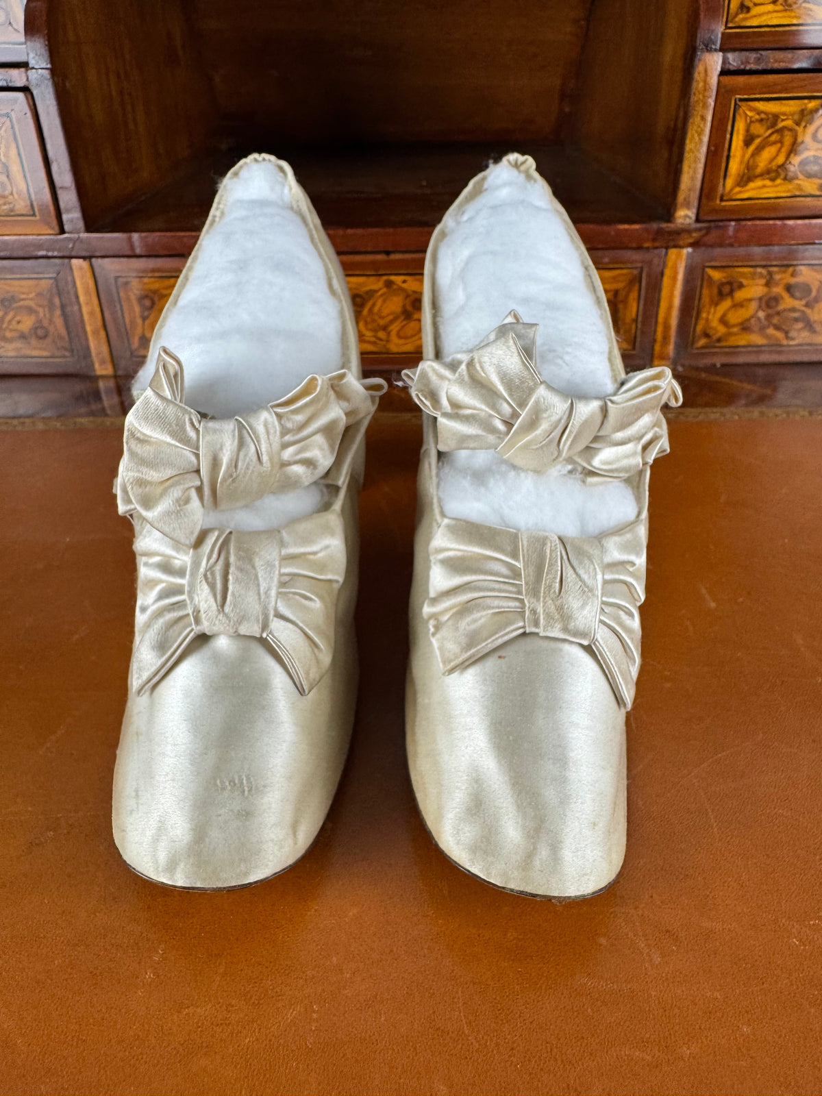 Antique 1882 silk wedding shoes with double bows by Julien Mayer Paris and Kate Rimer provenance