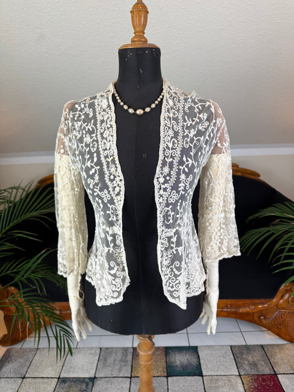 Edwardian white embroidered tulle jacket, ca. 1906, England.