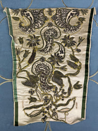 1710 English Baroque silk stomacher with metallic embroidery and floral motifs, antique 18th‑century dress accessory