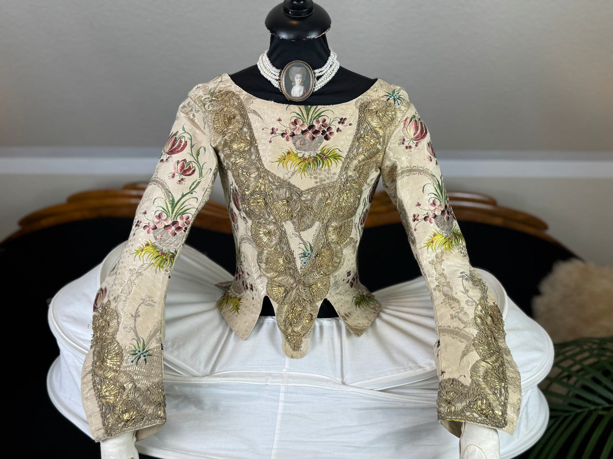 1765 French Rococo bodice, hand‑stitched silk with decorative seams, rare 18th‑century garment