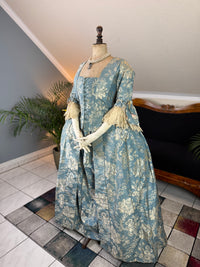 1770 blue silk damask Robe à la Française with Watteau pleats and lace engageantes, antique Rococo gown