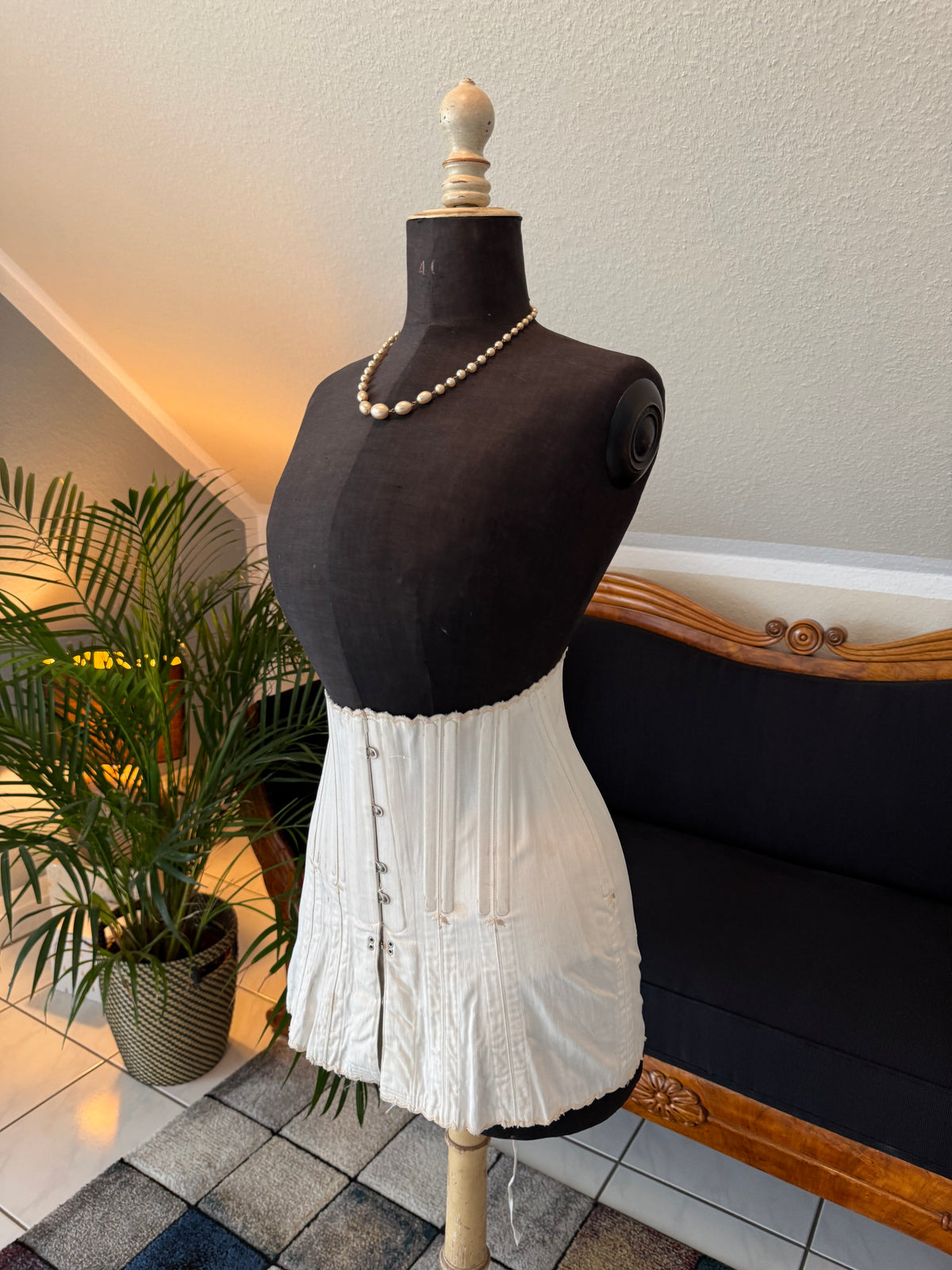 Antique FITU Figureform corset, 1910s England, light colour, front‑hooked and back‑laced