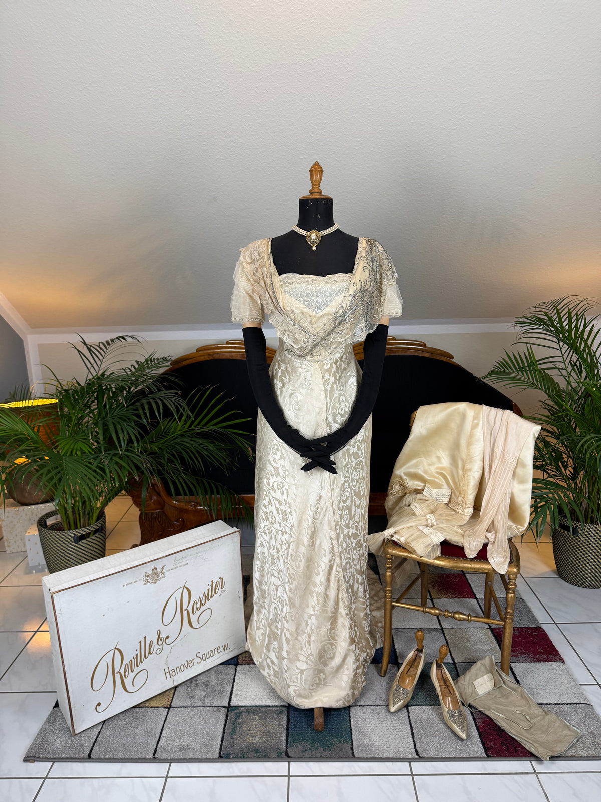 Edwardian wedding ensemble by Reville & Rossiter London with original box, shoes and accessories, Lady Gillman provenance, 1911