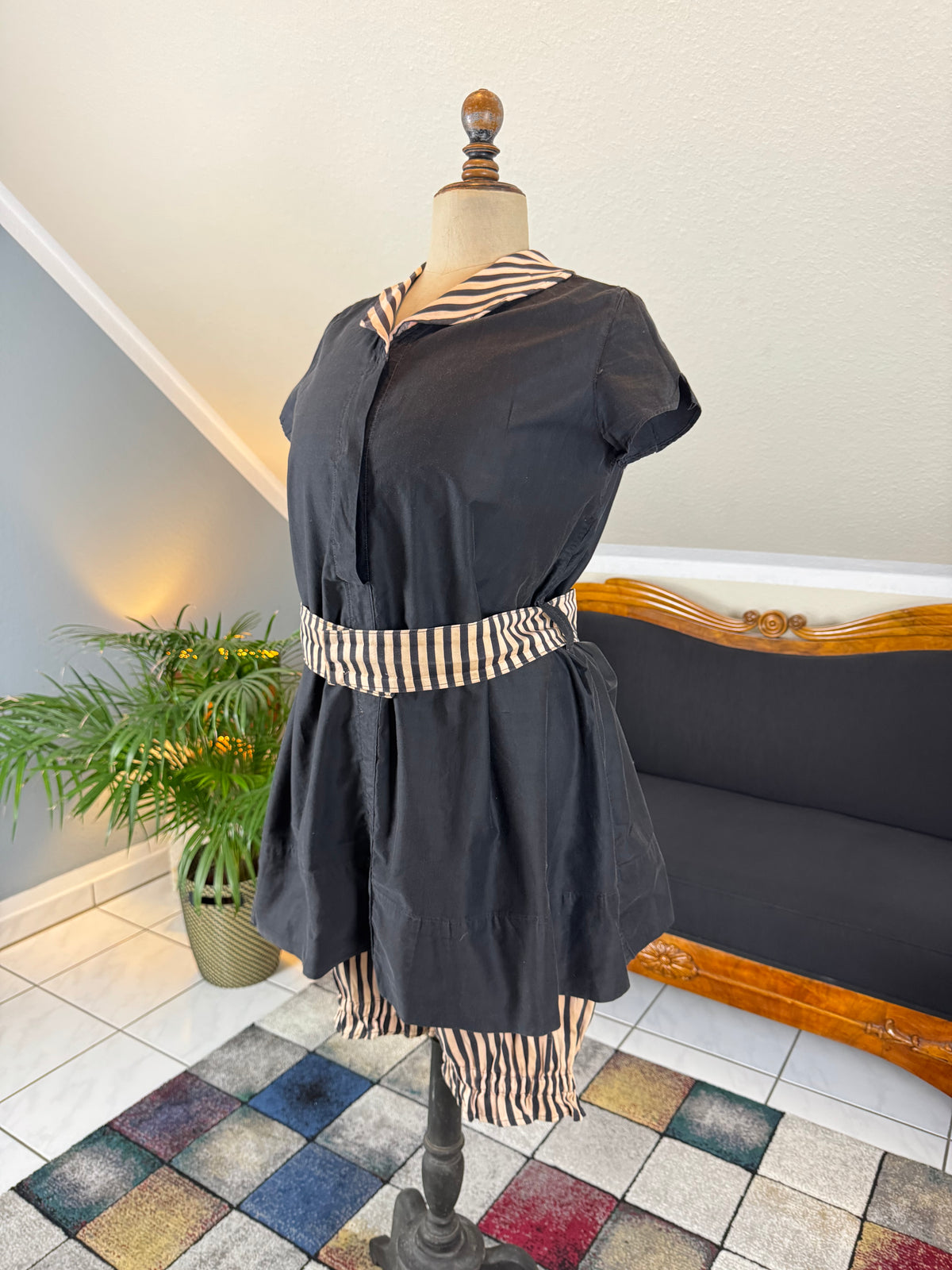 Antique 1910 bathing suit with striped cotton fabric and buttoned shorts