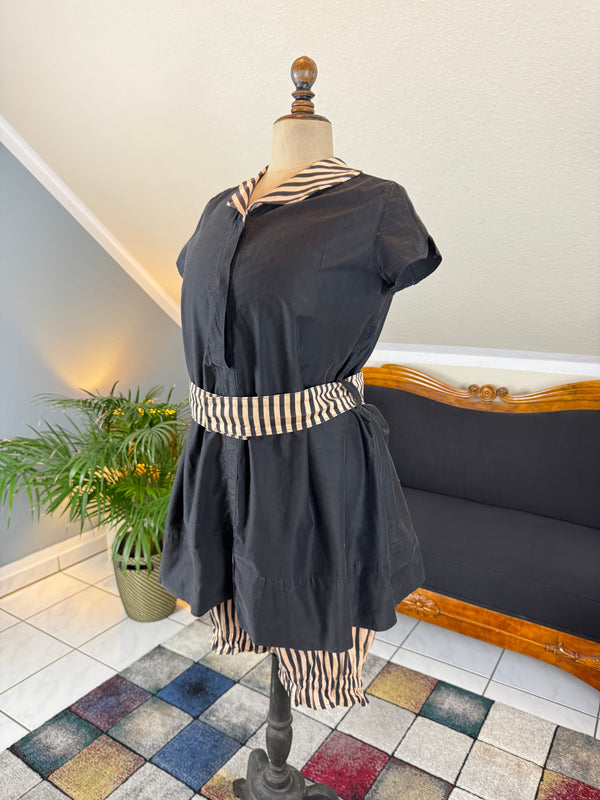 Antique 1910 bathing suit with striped cotton fabric and buttoned shorts