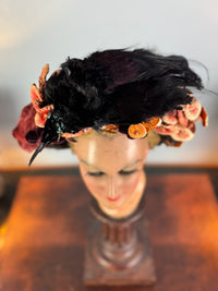 Autumn antique hat with exotic bird decoration, black lace and foliage, early 20th century