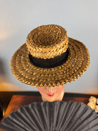 Antique 1901 French straw walking hat with AU CHINOIS Marseille label, black band, lined interior, well preserved.