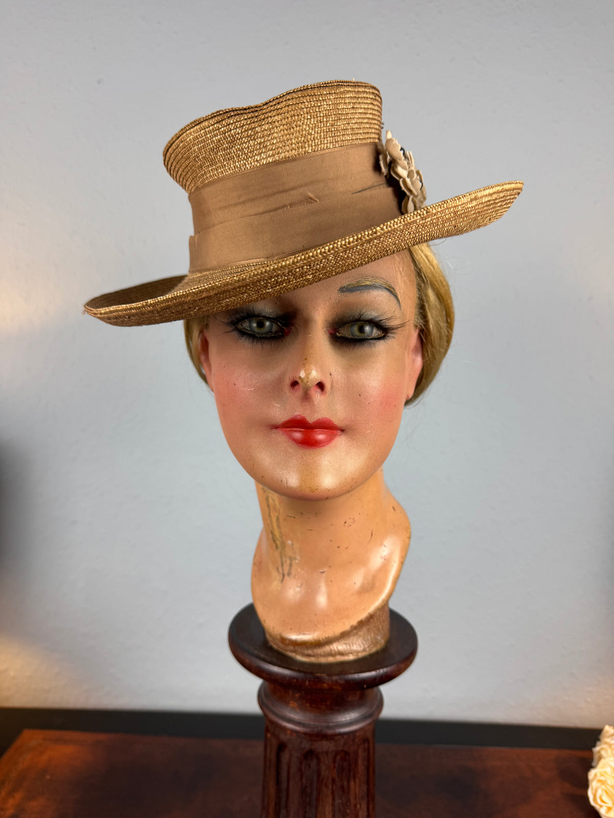 Antique 1903 fine‑woven French straw hat with silk band, fabric flowers, dark pearls, silk lining, well preserved