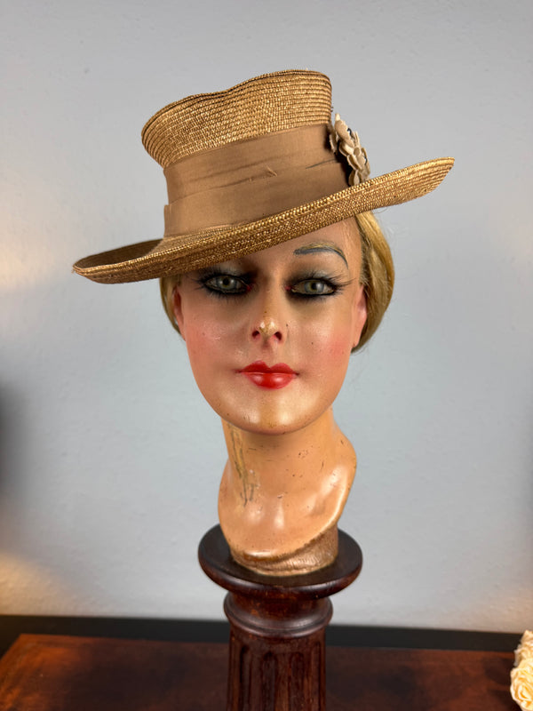 Antique 1903 fine‑woven French straw hat with silk band, fabric flowers, dark pearls, silk lining, well preserved