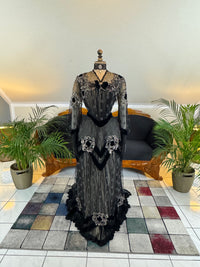 Antique Parisian evening gown with lace, tulle, velvet, rhinestones and beadwork, Marc Walter Place Vendôme label, Belle Époque couture designed for candlelight