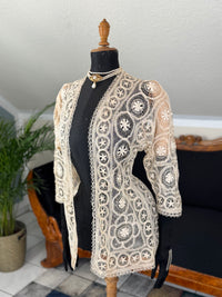 Antique Tenerife lace jacket, ca. 1911, American needle‑lace medallion design in ecru with fine openwork