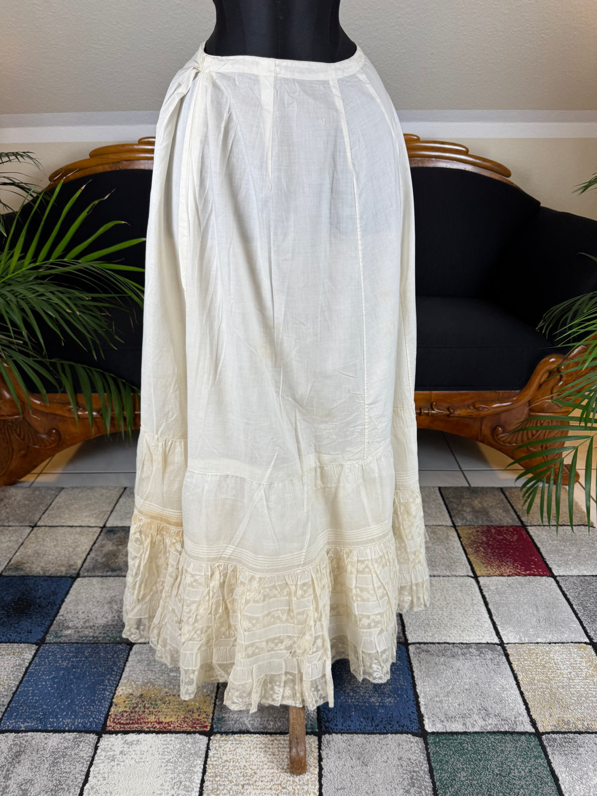 Antique Edwardian petticoat from Lady Gillman wedding trousseau circa 1911 with whitework embroidery, lace inserts and layered skirt construction