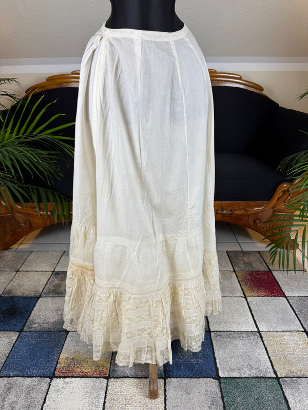 Antique Edwardian petticoat from Lady Gillman wedding trousseau circa 1911 with whitework embroidery, lace inserts and layered skirt construction