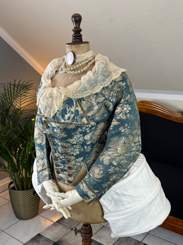 1750 Rococo blue‑white floral silk caraco jacket in riding style, antique 18th‑century gown