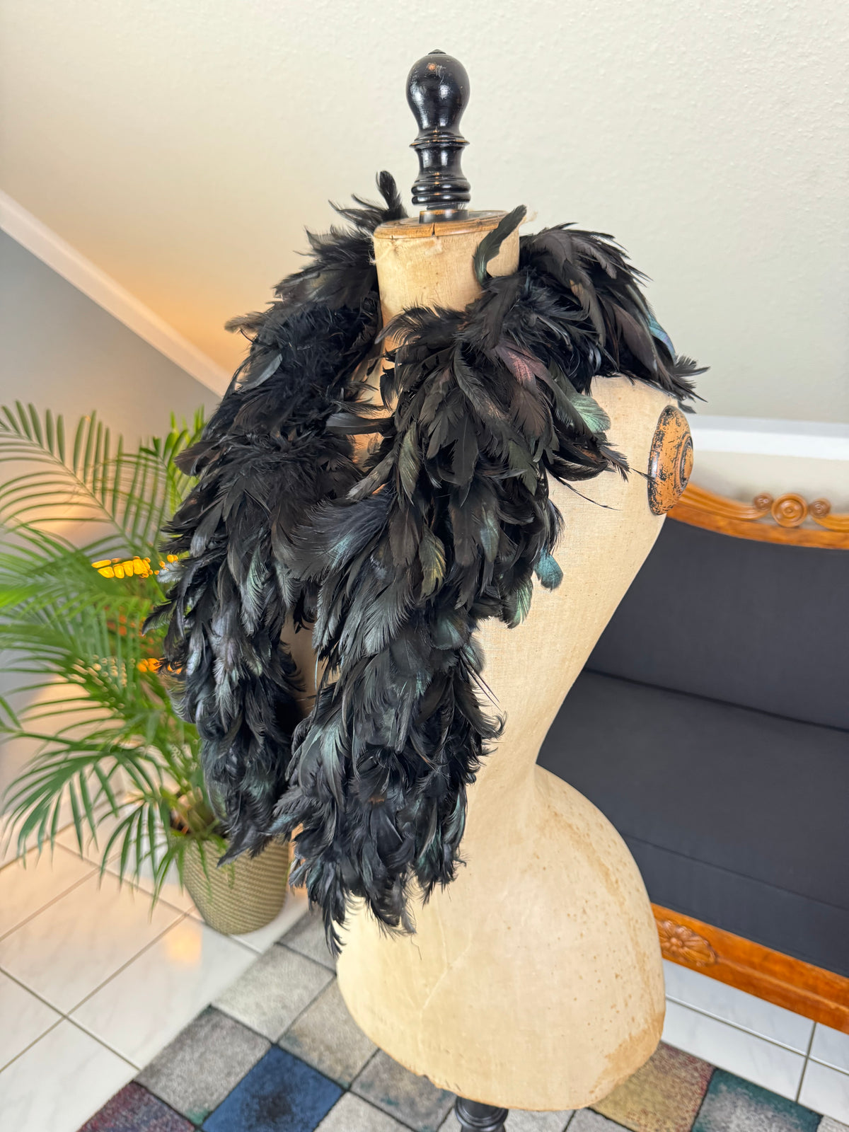 Antique black rooster feather boa, England ca. 1928, rare 1920s accessory