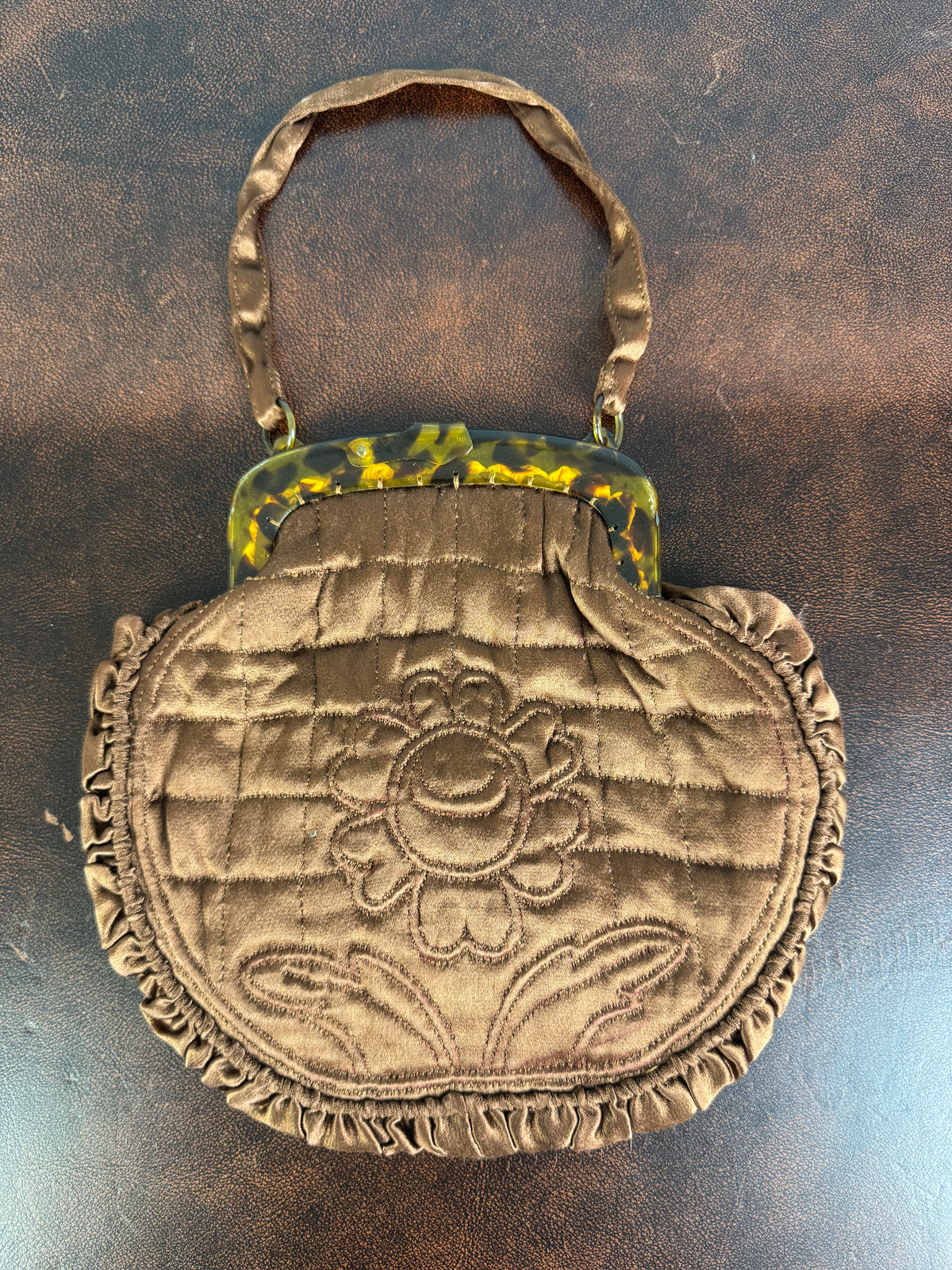 Early 20th‑century quilted silk purse with floral design and silk handle
