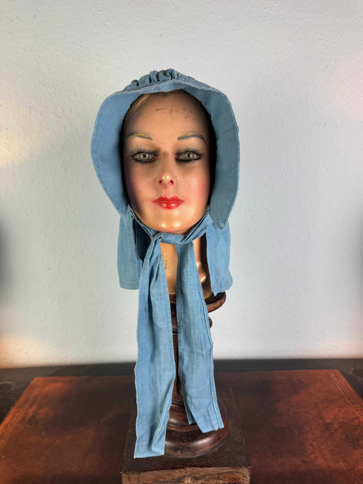 Antique Victorian blue cotton sunbonnet, ca. 1900, ruched brim.