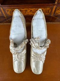Antique 1882 silk wedding shoes with double bows by Julien Mayer Paris and Kate Rimer provenance