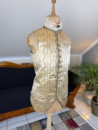 Cream silk embroidered Georgian waistcoat c.1770 from England with long‑line silhouette and floral detailing.