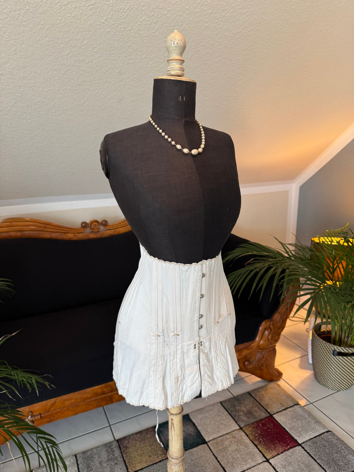 Antique FITU Figureform corset, 1910s England, light colour, front‑hooked and back‑laced