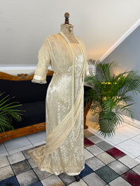 „Antique 1912 cream silk brocade evening dress with lace, crepe drapes and Lady Gillman provenance“